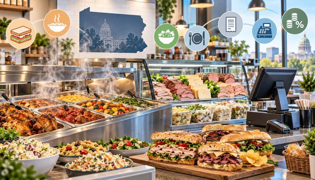 Pennsylvania deli hot bar, sandwiches, cold cuts, prepared salads, and checkout counter